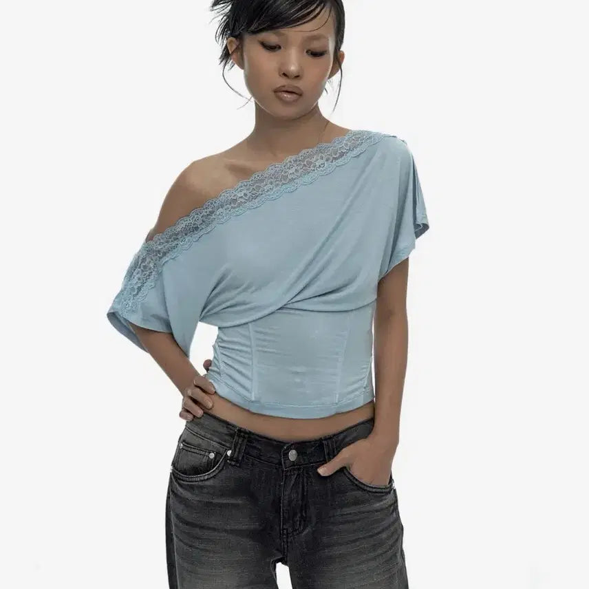 [BUNJANG] Kashiko One-Shoulder Corset Tee Sky Blue M / 새상품 카시코 원숄더 코르셋티 스카이블루M