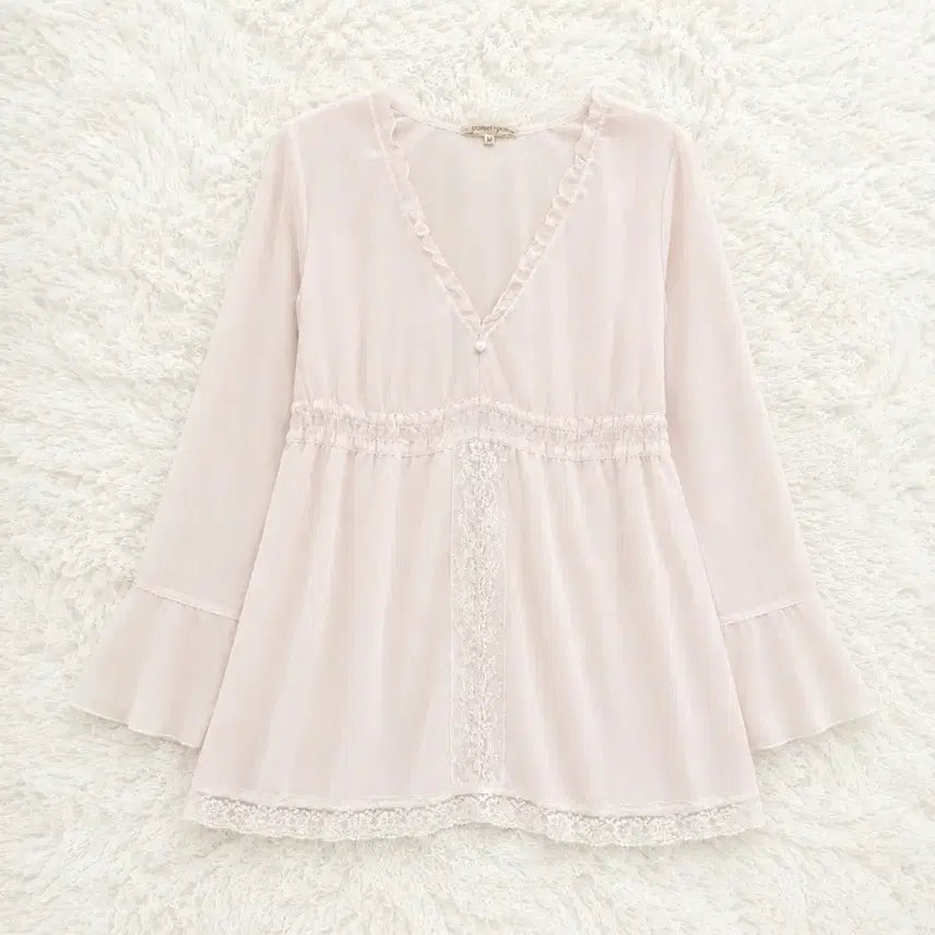 [BUNJANG] Hanamoto Baby Pink Fairy Dot Lace Blouse / 하나모토 빈티지 아오이유우 페어리 도트 베이비핑크 바선생 레이스 블라우스