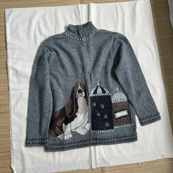 [BUNJANG] Vintage Dog Embroidered Knit Sweater / dog embroidered knit