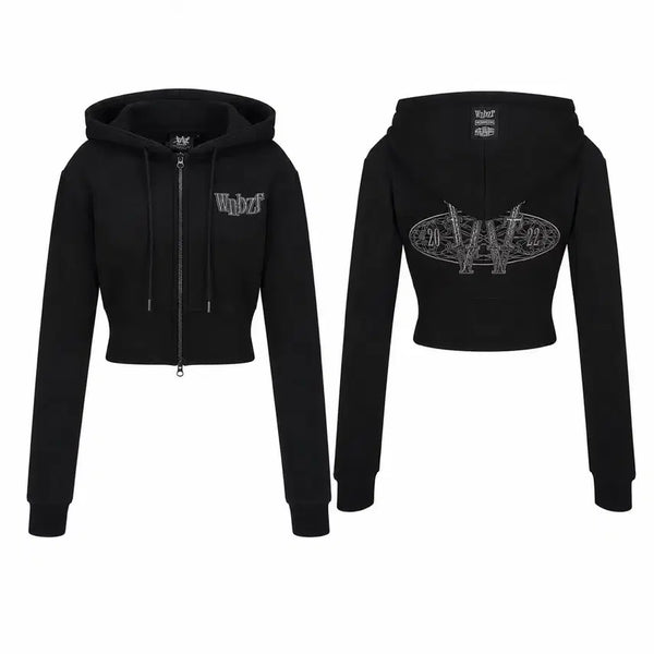 [BUNJANG] Wannabizfit Demi Logo Sweat Semi-Crop Hooded Zip-Up (White/Black) / [정가12만 새상품] 워너비즈핏 데미 로고 스웻 세미크롭 후드집업 화이트/블랙