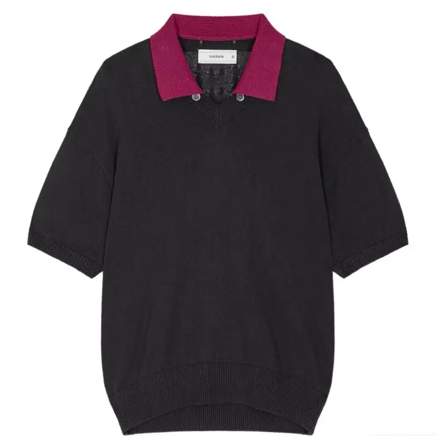 [BUNJANG] Wavyeness Toggld Petal Collar V-Neck Half Knit Black Magenta Size 3 / 웨이비니스 토글드 페탈 카라 브이넥 하프 니트 블랙 마젠타 3사이즈