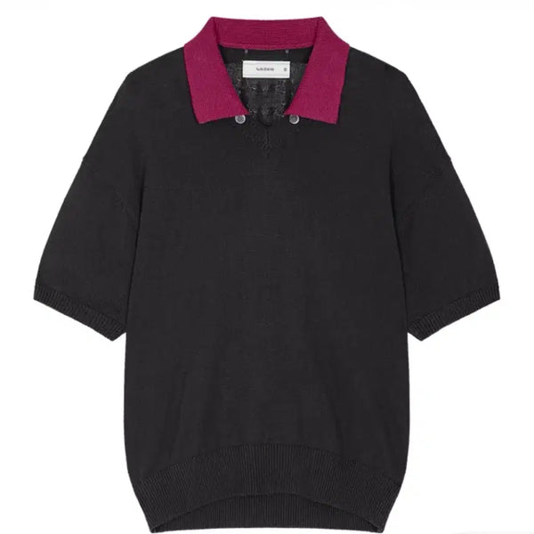 [BUNJANG] Wavyeness Toggld Petal Collar V-Neck Half Knit Black Magenta Size 3 / 웨이비니스 토글드 페탈 카라 브이넥 하프 니트 블랙 마젠타 3사이즈