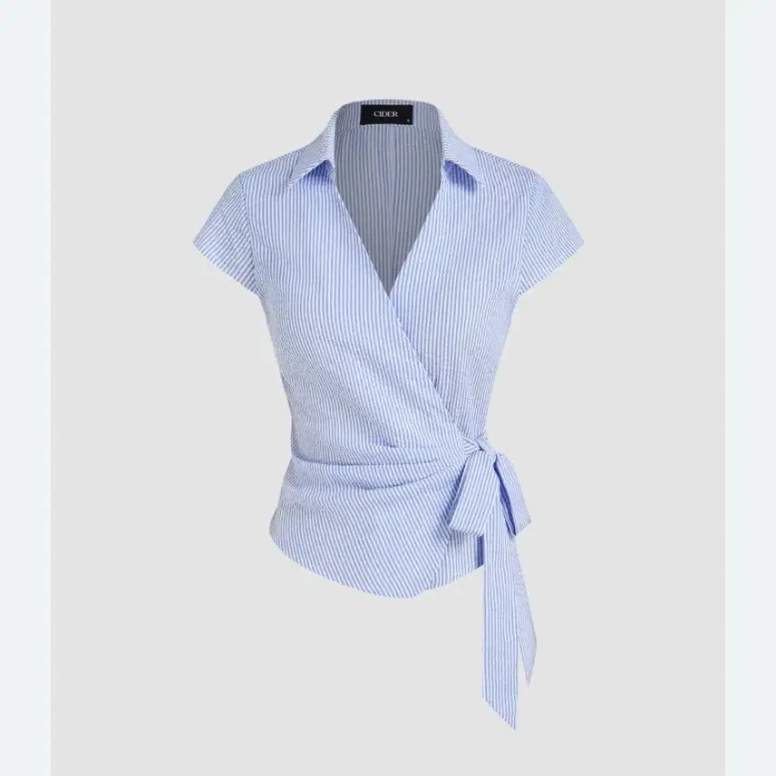 [BUNJANG] CIDER Striped Blue Wrap Blouse / CIDER 랩 블라우스 스트라이프 블루