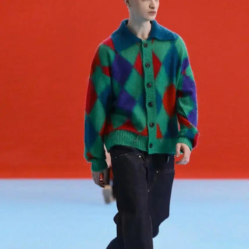 [BUNJANG] Andersson Bell Kid Mohair Argyle Cardigan Green L / 새상품) 앤더슨벨 키드모헤어 아가일 가디건 그린 L사이즈