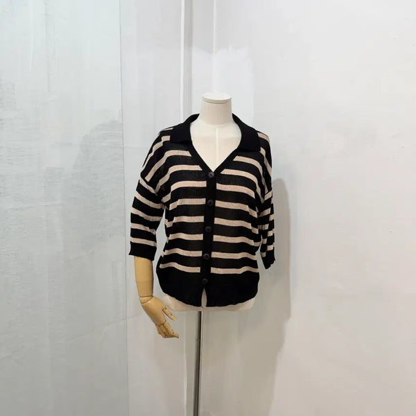 [BUNJANG] Stripe Black Cardigan Summer Knit / 스트라이프 블랙 가디건 여름가디건 여름니트 줄무늬 4936