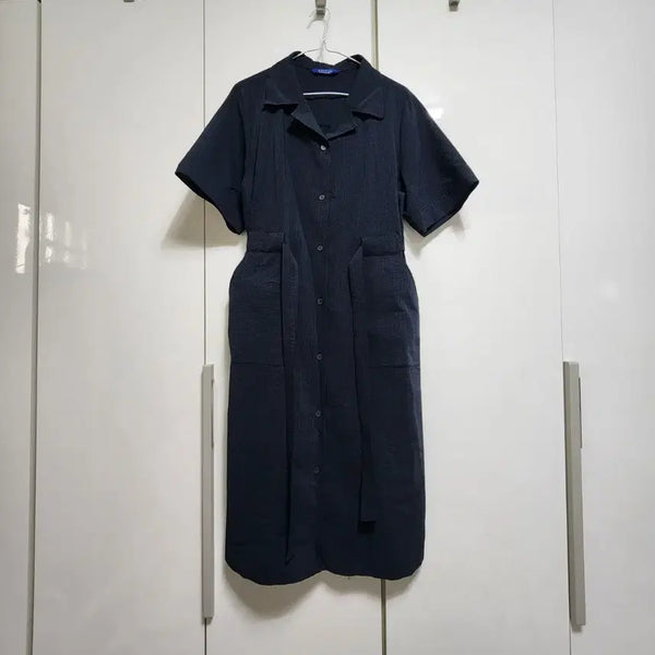 [BUNJANG] ANSICH Women's Striped Shirt Dress / 안지크 ANSICH 여성 카라 셔츠 롱 원피스 셔츠형 스트랩 빅포켓 스트라이프 네이비 곤색 S 반팔 여름