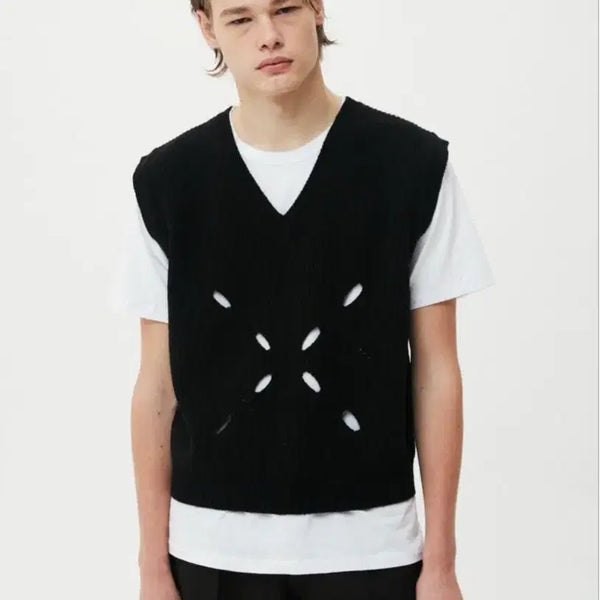 [BUNJANG] Munseon Argyle Hole Knit Vest Cardigan Black / 새상품) 문선 아가일 홀 니트 베스트 조끼 가디건 블랙