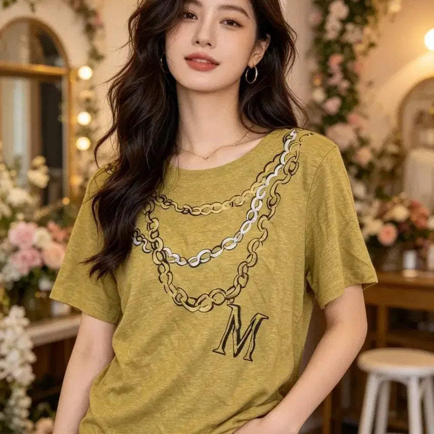 [BUNJANG] Yellow Chain Print Short Sleeve T-Shirt / 옐로우 체인 프린팅 반팔 티셔츠