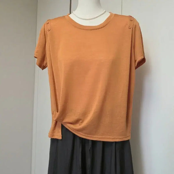 [BUNJANG] Orange Shoulder Button T-shirt / 냉감티 오렌지색 어깨 버튼 티셔츠