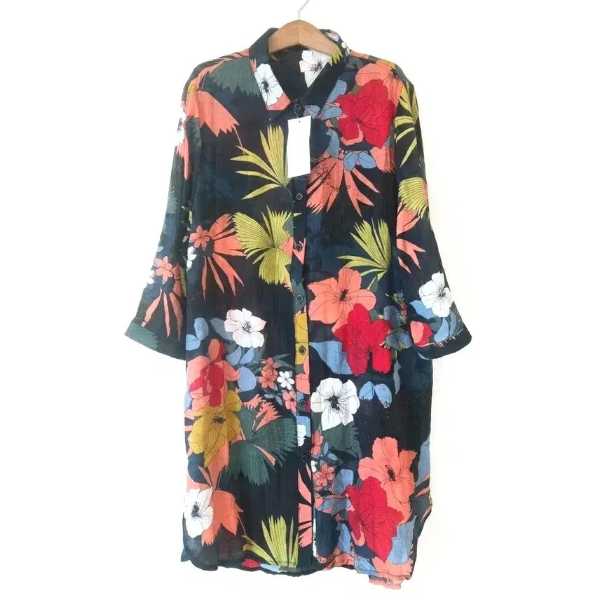 [BUNJANG] Women's Floral Pattern Long Shirt XL Size / 새제품 XL 여성 플라워 패턴 롱셔츠 양옆 주머니