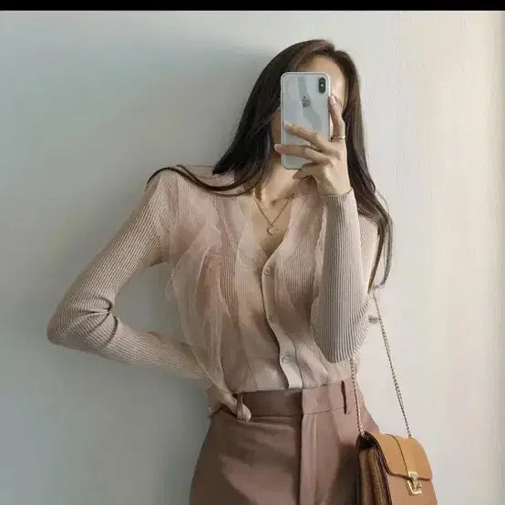 [BUNJANG] Dried Rose Ribbed Chiffon Cardigan / 말린장미 골지 샤 가디건