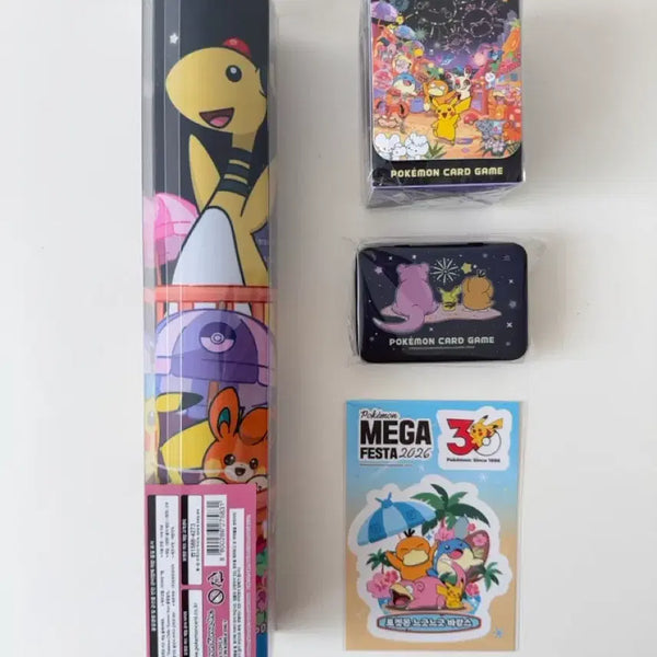 [BUNJANG] Pokemon TCG 'Fireworks Set' Playmat, Tin Case, Deck Case, and Sticker Set / 부산 팝업 포켓몬스터 카드 매트 불꽃놀이 세트 / 플레이매트, 틴케이스, 덱케이스, 스티커 세트