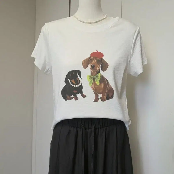 [BUNJANG] Dachshund Print Short Sleeve T-Shirt / 강아지  반팔 티셔츠