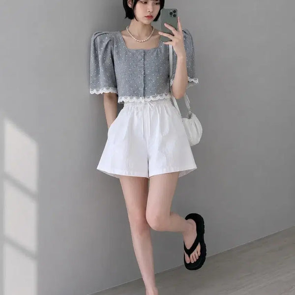 [BUNJANG] Lace Square Neck Puff Blouse / 레이스 스퀘어넥 퍼프 블라우스