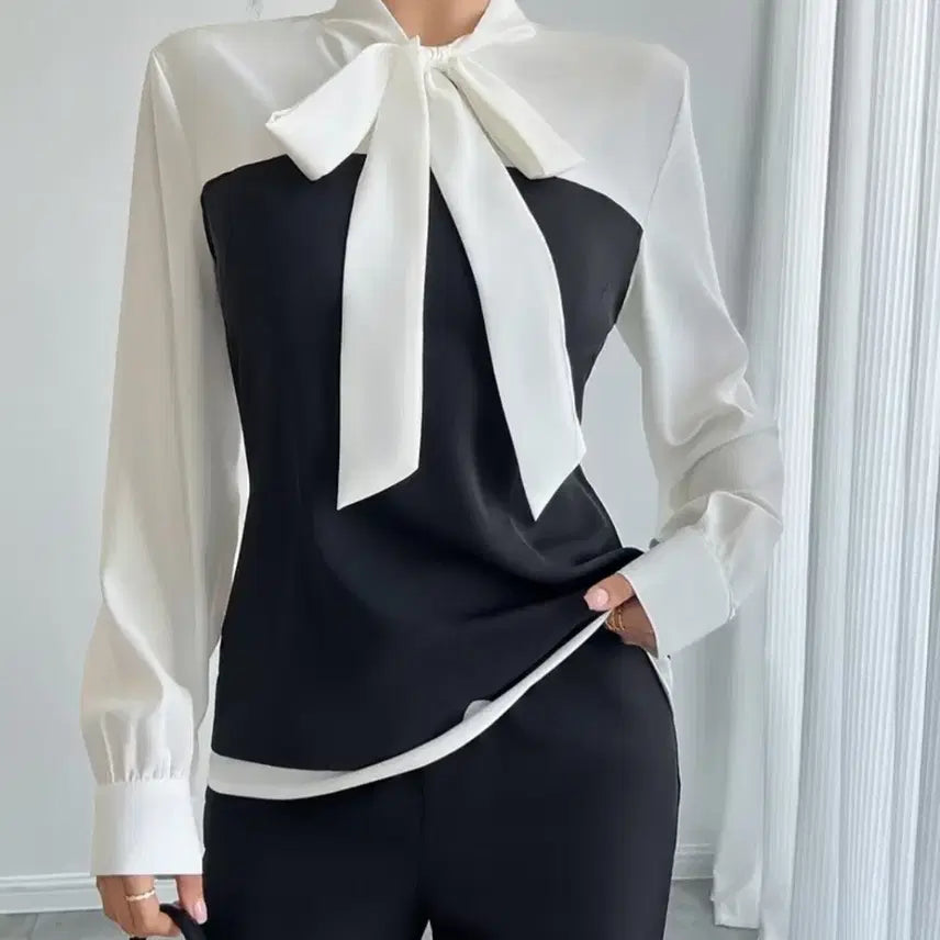 [BUNJANG] Ribbon Blouse Long Sleeve Shirt / 블라우스 리본 배색 긴팔 셔츠