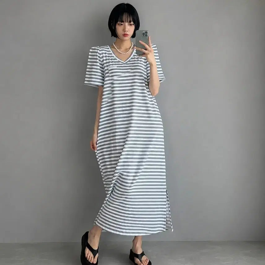 [BUNJANG] Striped V-Neck Padded Long Dress / 단가라 브이넥 어깨패드 롱 원피스