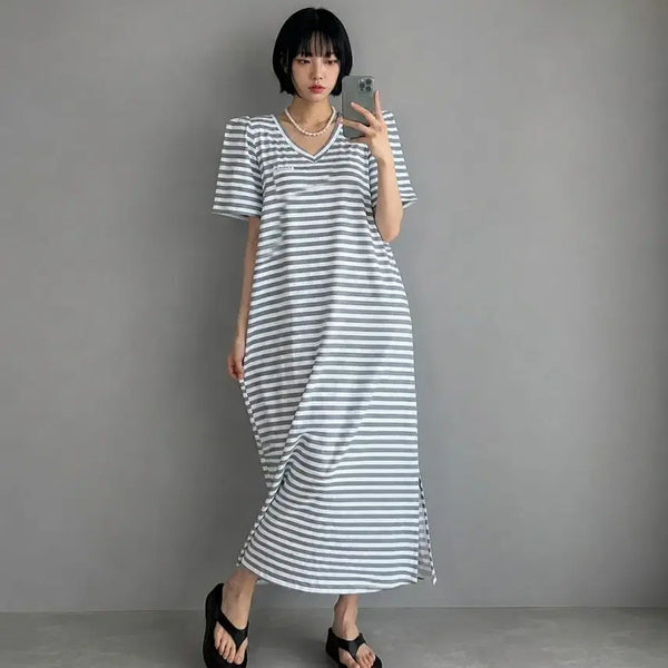 [BUNJANG] Striped V-Neck Padded Long Dress / 단가라 브이넥 어깨패드 롱 원피스