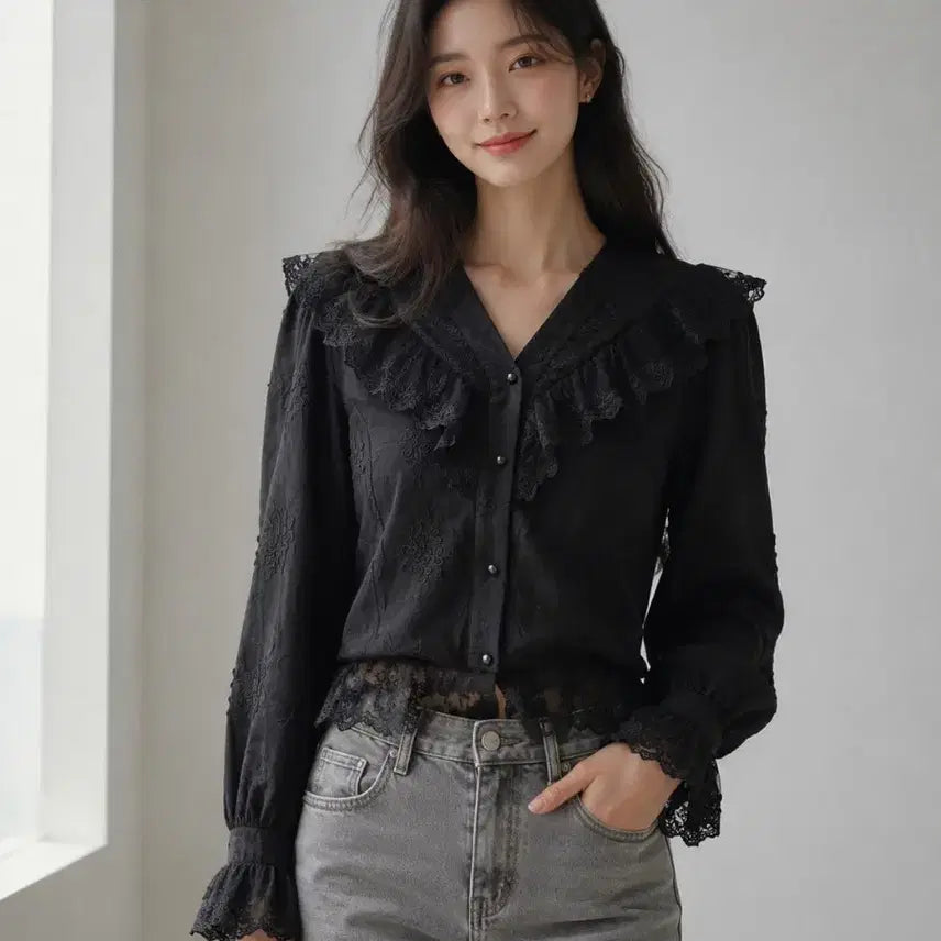 [BUNJANG] From B Lace Collar Blouse Black / 66~77/택달린새상품/프롬비 레이스 칼라 블라우스 블랙