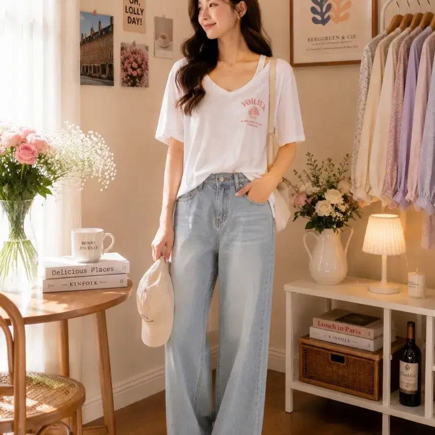 [BUNJANG] White V-Neck Short Sleeve T-Shirt / 화이트 브이넥 반팔 티셔츠