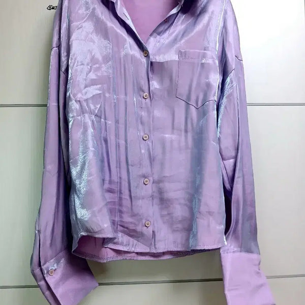 [BUNJANG] Purple Satin Bling Gal Shirt / 퍼플 새틴 블링갸루셔츠