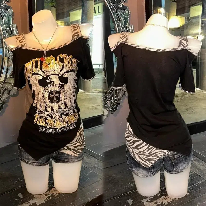 [BUNJANG] Gal Style Cross Print Short Sleeve T-Shirt / 갸루 블링골드 십자가 티셔츠
