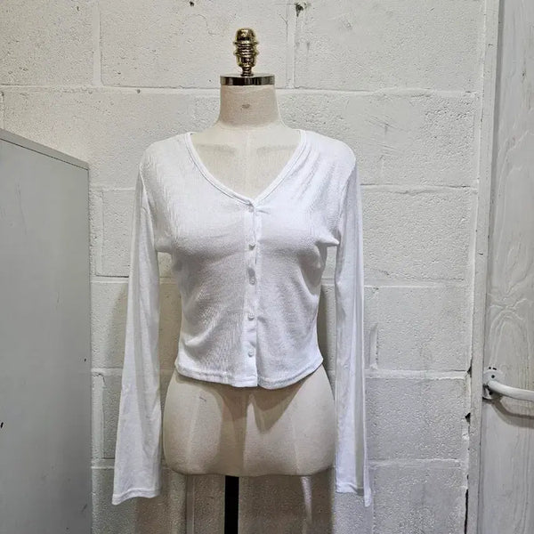 [BUNJANG] Button Cropped Cardigan - White / 부드러운 크롭 단추 가디건 긴팔- 화이트