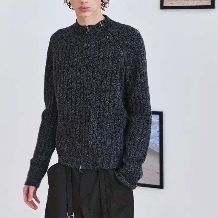 [BUNJANG] WAVINESS Diagonal Full Zip Up - Mélange Grey / [3] 웨이비니스 Diagonal Full Zip Up - 멜란지 그레이