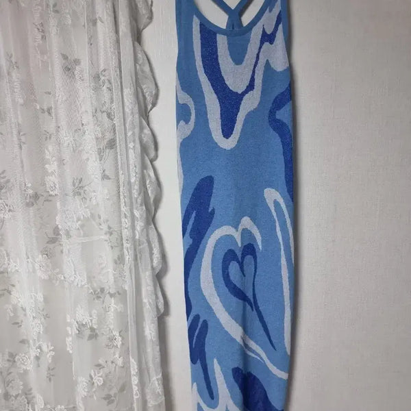 [BUNJANG] SJYP Blue Heart Pattern Knit Long Dress / 한섬SJYP니트 원피스 블루 하트 패턴