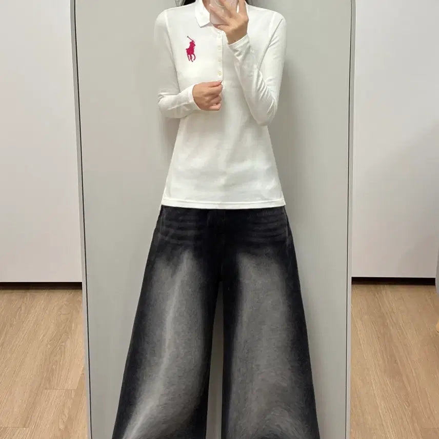 [BUNJANG] Polo Ralph Lauren Pink Big Pony White Collar Long Sleeve T-Shirt / 폴로 랄프로렌 핑크 빅포니 화이트 카라 긴팔 티셔츠