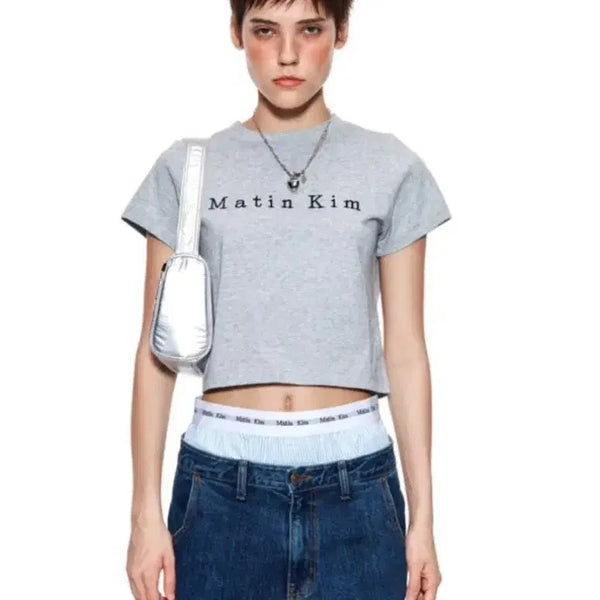 [BUNJANG] Matin Kim Embroidery Logo Crop Top T-Shirt Grey F / [마뗑킴] 마틴 자수 로고 크롭 탑 반팔 티셔츠 MATIN EMBROIDERY LOGO CROP TOP