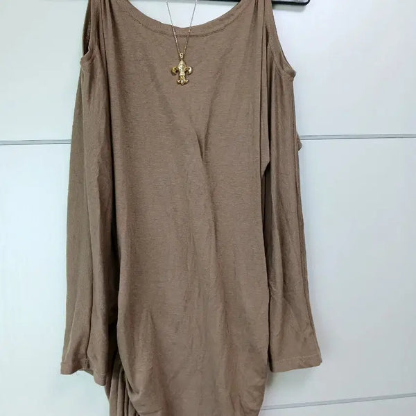 [BUNJANG] Brown Shirring Off-Shoulder Dress / 브라운 셔링 오프숄더 원피스