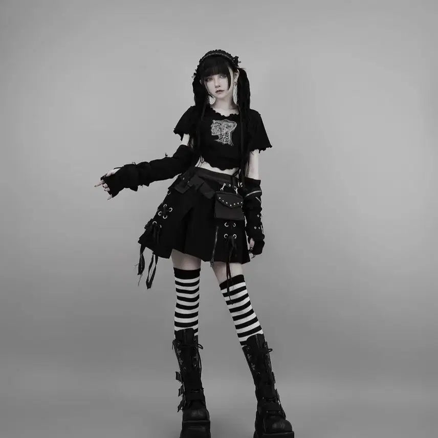 [BUNJANG] Dim Moir Paris Skull Shirt, Skirt, and Arm Warmers Set / 딤모아르 해골셔츠, 스커트, 암워머 리즈리사 디마럽 시허니 마즈 로지타 노에미