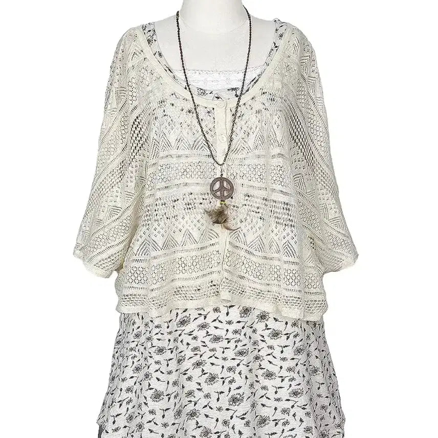 [BUNJANG] Vintage Linen Blend Punch Lace Poncho Fit Cardigan Mori Girl Gyaru Y2K Hippie / 일본빈티지 린넨혼방 펀칭레이스판쵸판초핏가디건 모리걸하구미룩갸루y2k히피