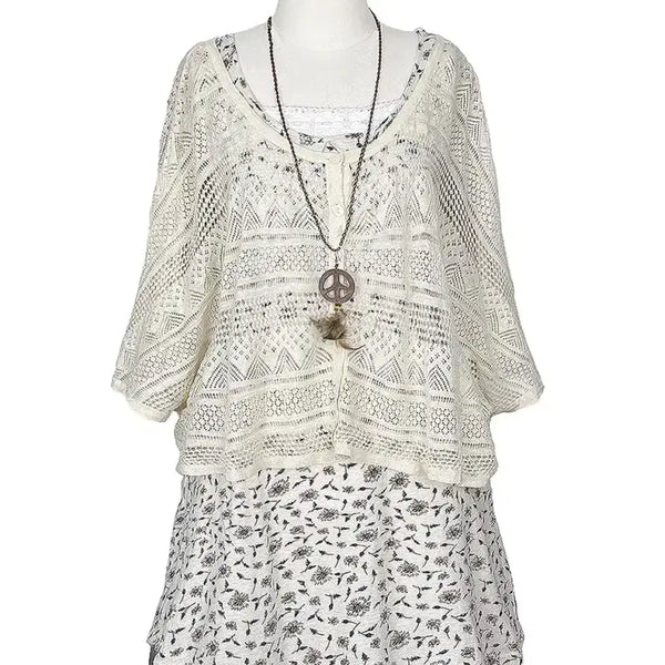 [BUNJANG] Vintage Linen Blend Punch Lace Poncho Fit Cardigan Mori Girl Gyaru Y2K Hippie / 일본빈티지 린넨혼방 펀칭레이스판쵸판초핏가디건 모리걸하구미룩갸루y2k히피