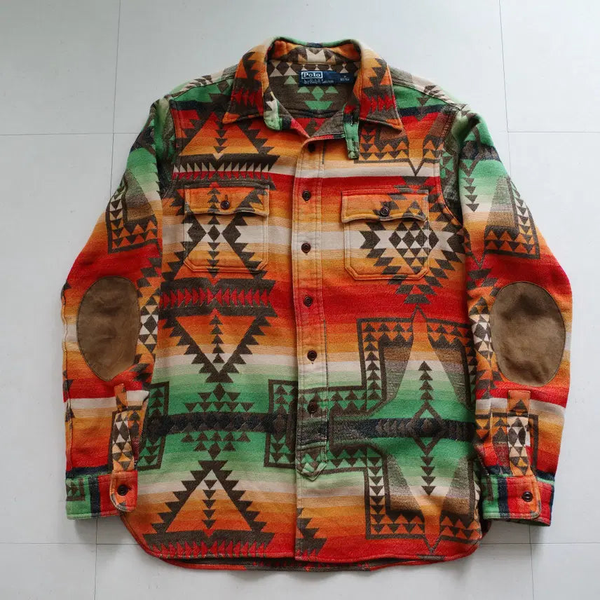 [BUNJANG] Polo Ralph Lauren Native Navajo Pattern Flannel Work Shirt Jacket with Elbow Patches (M) / [M] 폴로 랄프로렌 네이티브 나바호 셔츠 자켓 엘보우패치 셔켓