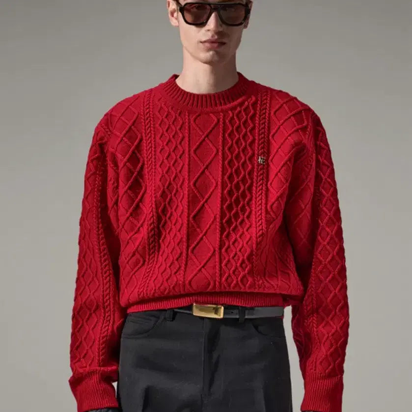 [BUNJANG] NOICE 25fw M Cable Wool-Blend Sweater Red / 노이스 25fw M CABLE WOOL-BLEND SWEATER L
