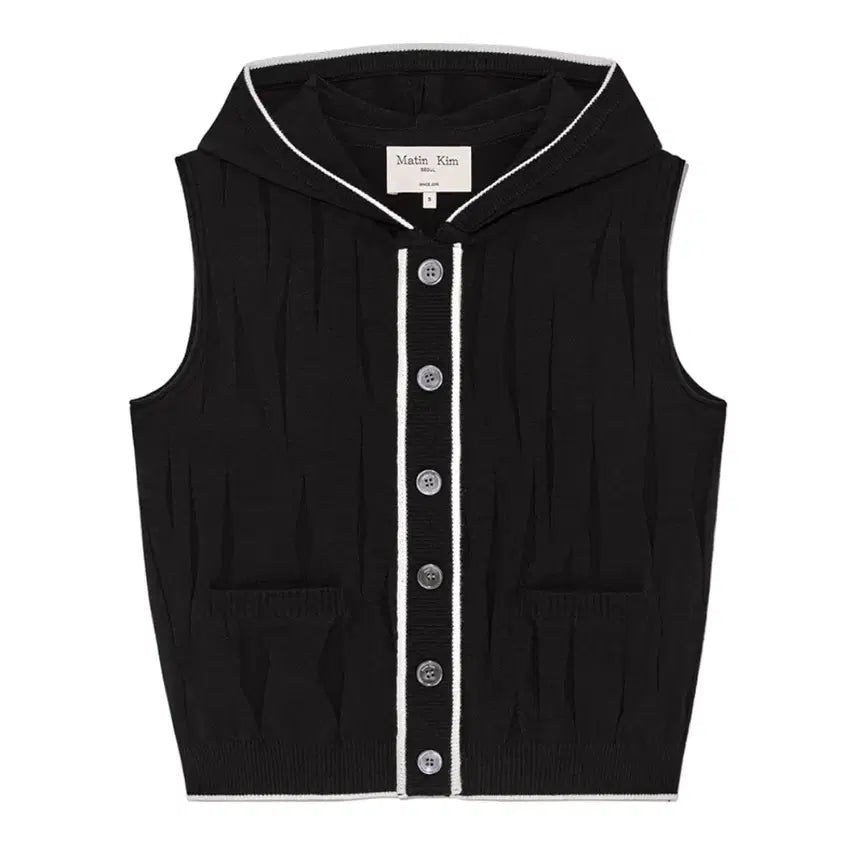 [BUNJANG] Matin Kim Wrinkle Hoody Button Knit Vest Black / 마뗑킴 윈클 후디 버튼 니트 베스트 새상품 조끼 슬리브리스 후드