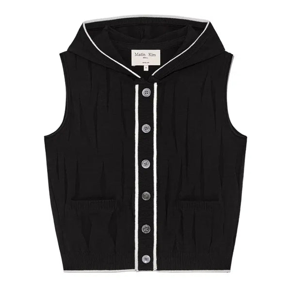 [BUNJANG] Matin Kim Wrinkle Hoody Button Knit Vest Black / 마뗑킴 윈클 후디 버튼 니트 베스트 새상품 조끼 슬리브리스 후드