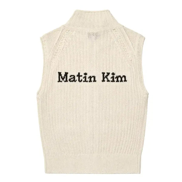 [BUNJANG] Matin Kim Back Logo High Neck Knit Vest / 마뗑킴 백 로고 하이 넥 니트 베스트 새상품 조끼 슬리브리스