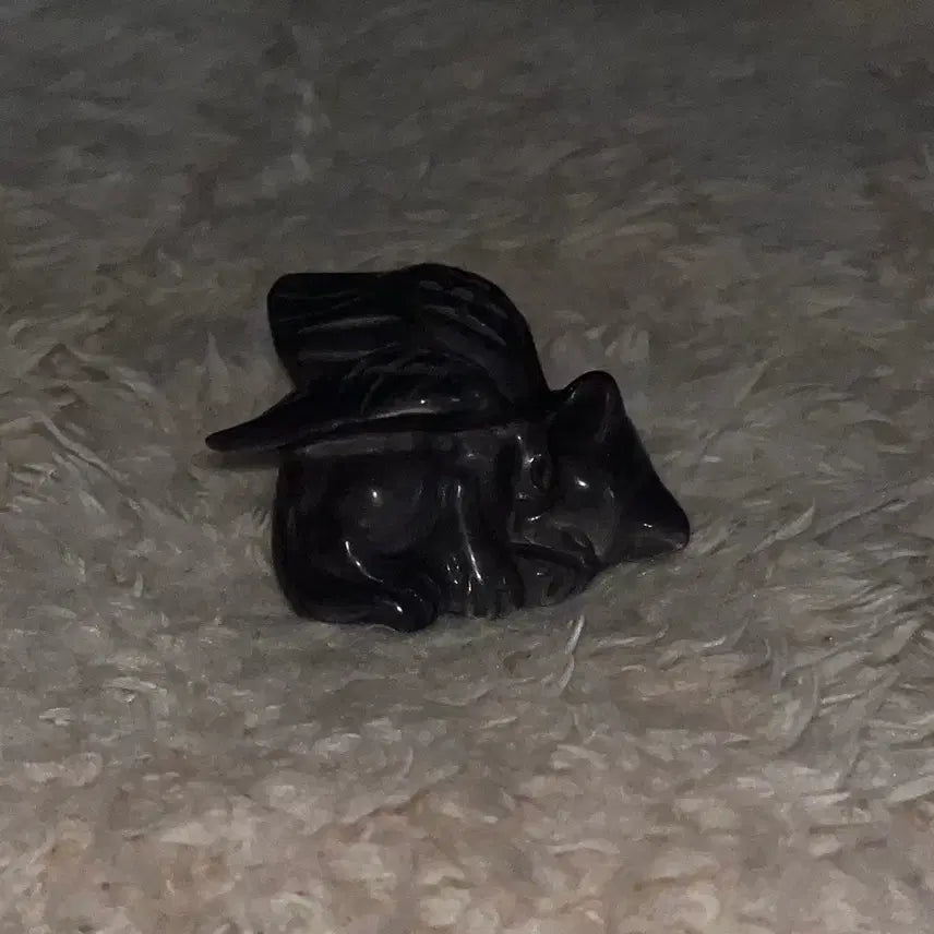[BUNJANG] Natural Stone Obsidian Angel Wing Cat Carving Pendant / 천연원석 실버 옵시디언 천사 날개 고양이 카빙 원석 돌