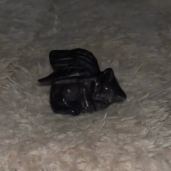 [BUNJANG] Natural Stone Obsidian Angel Wing Cat Carving Pendant / 천연원석 실버 옵시디언 천사 날개 고양이 카빙 원석 돌