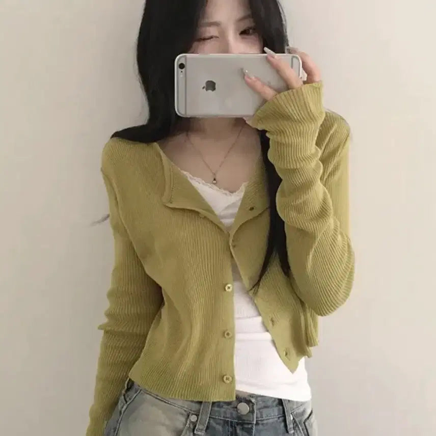 [BUNJANG] Olive Ribbed U-Neck Cropped Knit Cardigan / 살안타템 여름가디건 여리여리 골지 유넥 말라핏 썸머 긴팔 크롭 니트 가디건 올리브