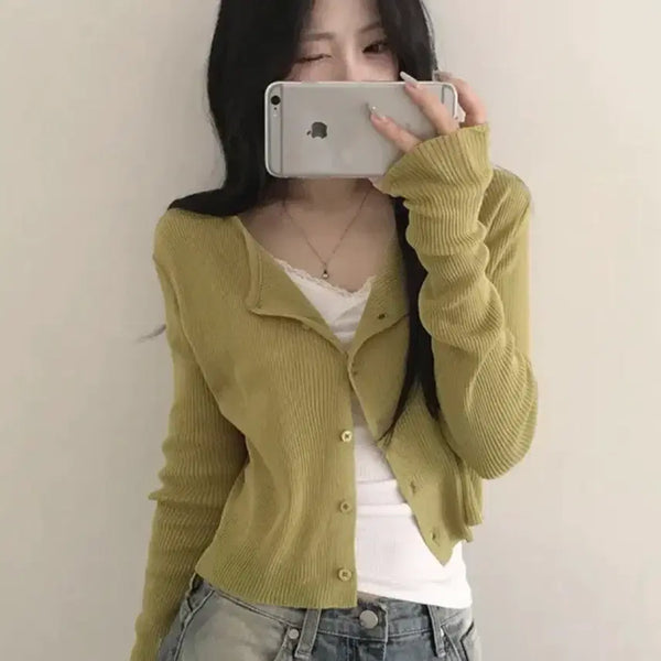[BUNJANG] Olive Ribbed U-Neck Cropped Knit Cardigan / 살안타템 여름가디건 여리여리 골지 유넥 말라핏 썸머 긴팔 크롭 니트 가디건 올리브