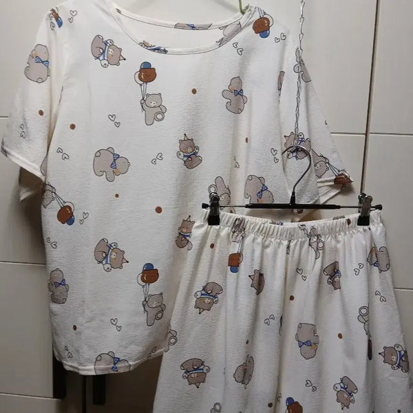 [BUNJANG] Bear Pattern Short Sleeve Pajama Set / 새상품 패턴 반팔 반바지 잠옷 세트55~66