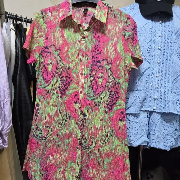 [BUNJANG] Pink Green Pattern Short Sleeve Shirt / 핑크 그린 패턴 반팔 셔츠
