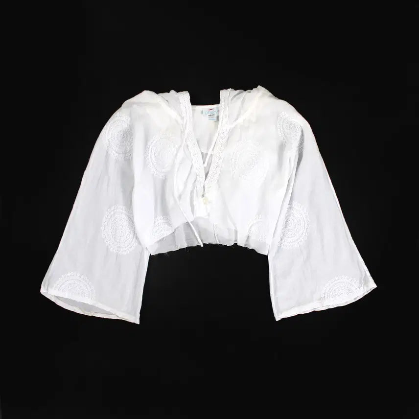 [BUNJANG] Vintage White Embroidered Hooded Crop Jacket / 유럽 빈티지 화이트 자수 후드 크롭 블라우스 자켓