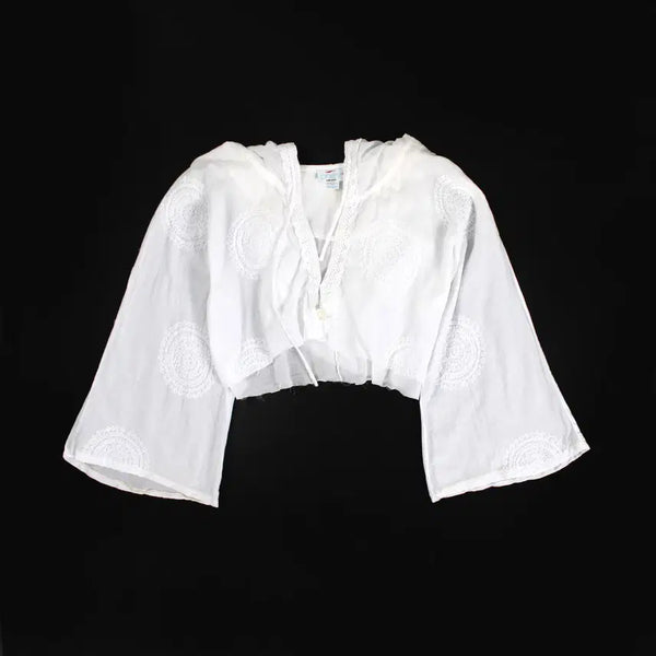 [BUNJANG] Vintage White Embroidered Hooded Crop Jacket / 유럽 빈티지 화이트 자수 후드 크롭 블라우스 자켓