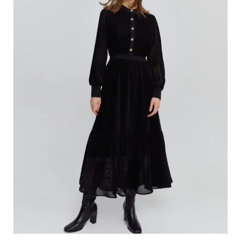 [BUNJANG] Bernis Black Velvet Pearl Detail Long Dress / 베르니스 벨벳원피스