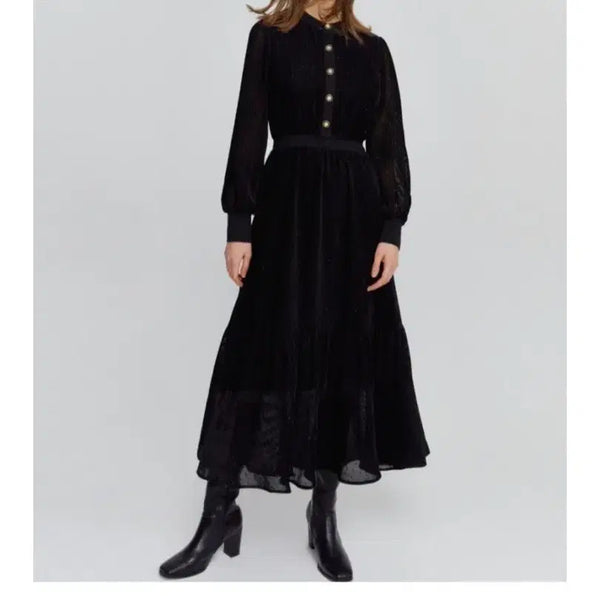 [BUNJANG] Bernis Black Velvet Pearl Detail Long Dress / 베르니스 벨벳원피스