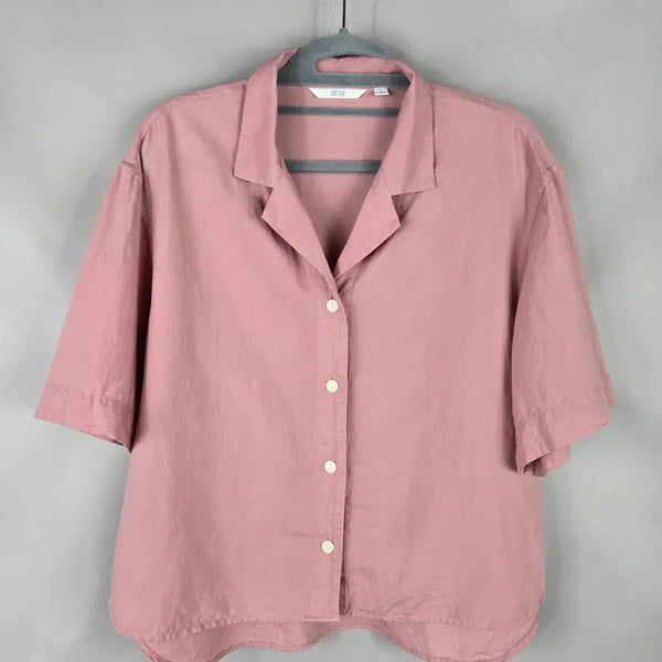 [BUNJANG] Uniqlo Women's Linen Blend Loose Fit Short Blouse Pink (Size S) / [무료배송]유니클로 S 여성 린넨 마 혼방 루즈핏 숏 블라우스 핑크